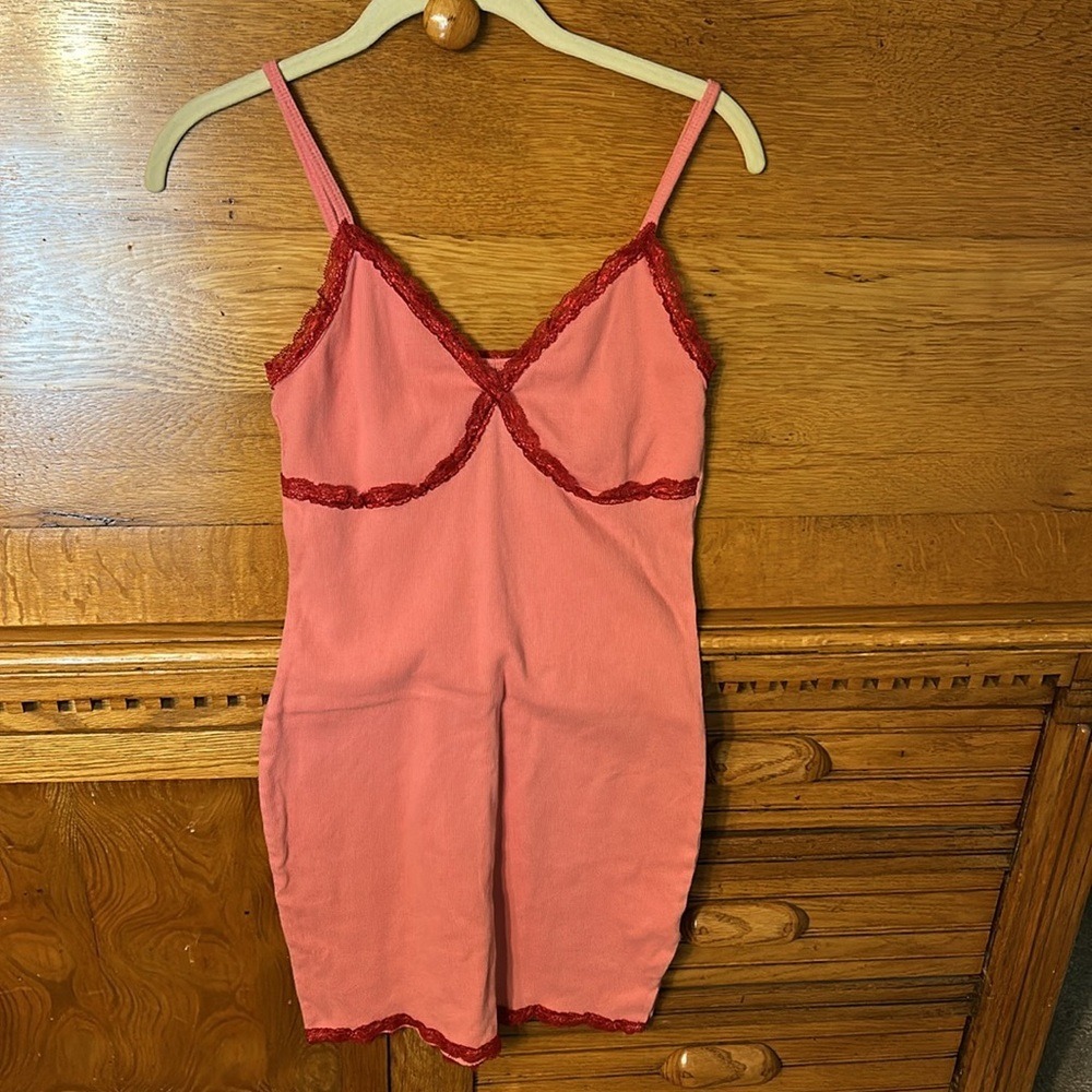 Wild Fable Coquette Babydoll Pink Ribbed Lace Trim Mini Dress Red Contrast Y2K